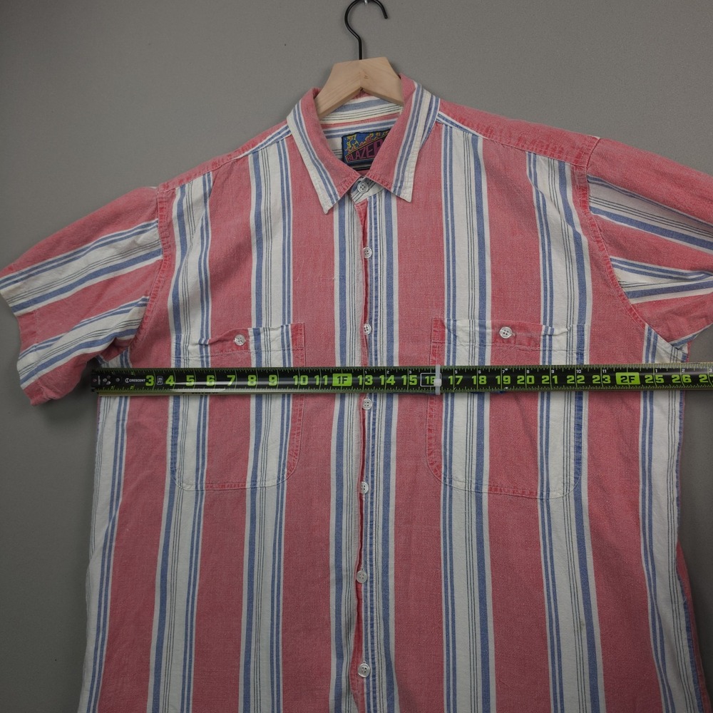 Vintage 90s Blazer Striped Short Sleeve Button Up Shirt Men 1X XL Pink Blue Rave - Picture 9 of 11